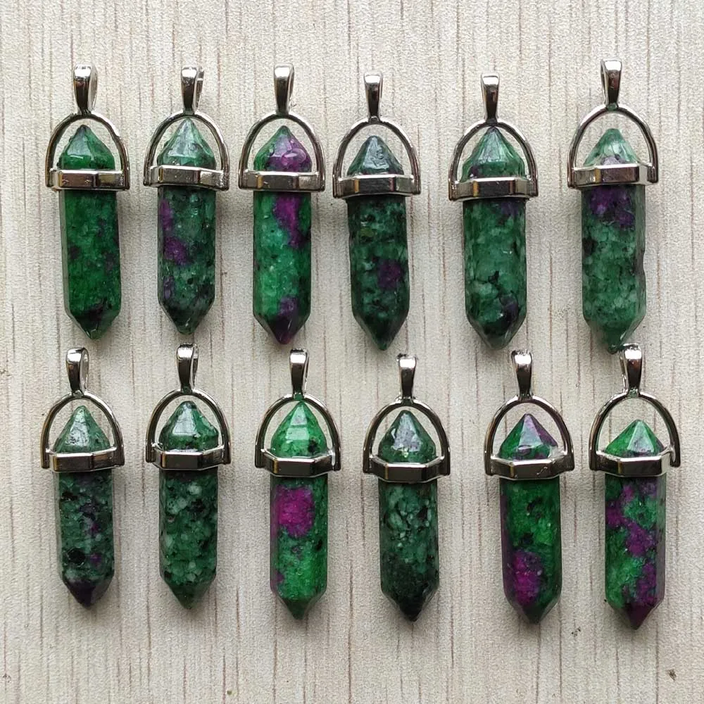 Fast Shipping Natural Stone Quartz Aventurine Lapis Crystal Hexagonal Pillar Pendants for Jewelry Accessories 12pcs Wholesale