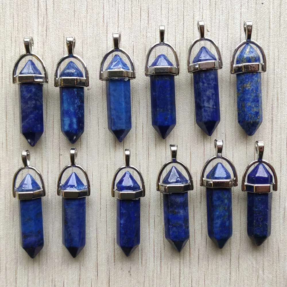 Fast Shipping Natural Stone Quartz Aventurine Lapis Crystal Hexagonal Pillar Pendants for Jewelry Accessories 12pcs Wholesale