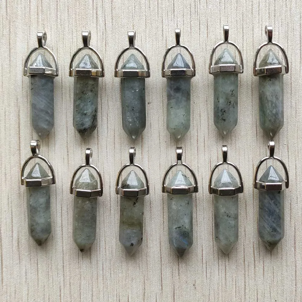 Fast Shipping Natural Stone Quartz Aventurine Lapis Crystal Hexagonal Pillar Pendants for Jewelry Accessories 12pcs Wholesale