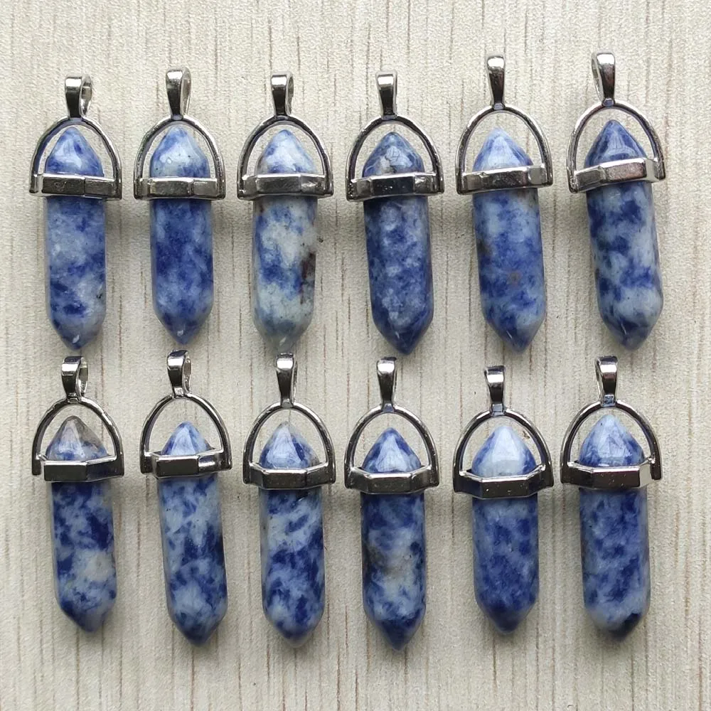 Fast Shipping Natural Stone Quartz Aventurine Lapis Crystal Hexagonal Pillar Pendants for Jewelry Accessories 12pcs Wholesale