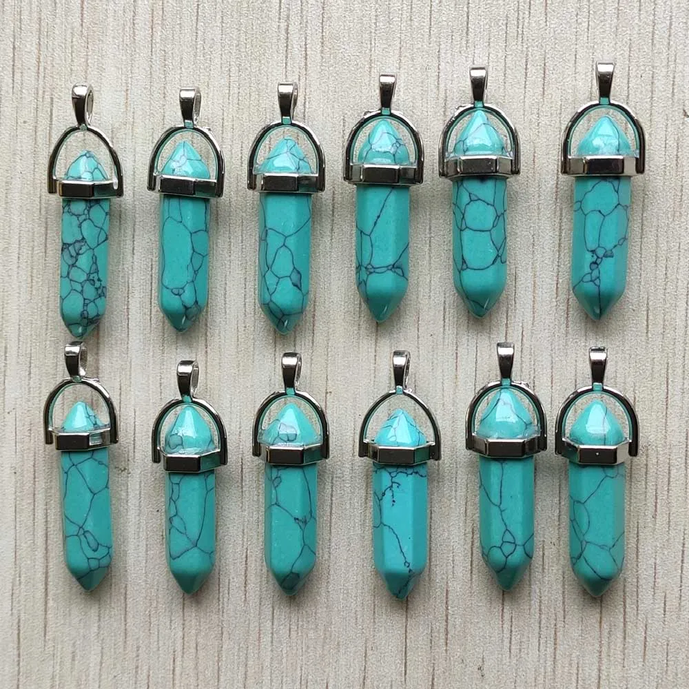 Fast Shipping Natural Stone Quartz Aventurine Lapis Crystal Hexagonal Pillar Pendants for Jewelry Accessories 12pcs Wholesale