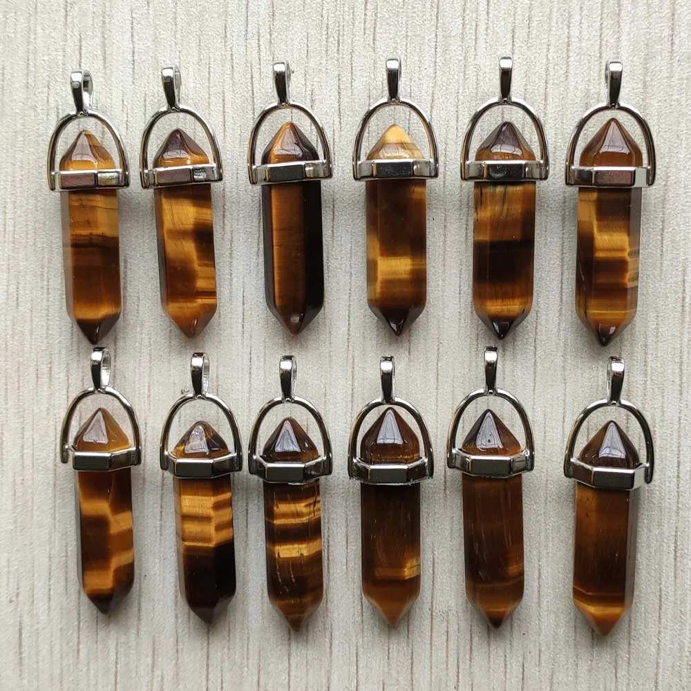 Fast Shipping Natural Stone Quartz Aventurine Lapis Crystal Hexagonal Pillar Pendants for Jewelry Accessories 12pcs Wholesale