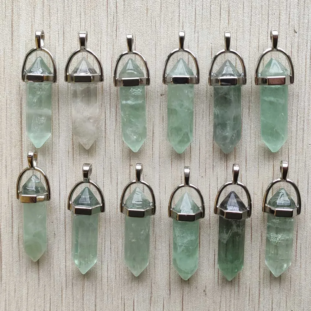 Fast Shipping Natural Stone Quartz Aventurine Lapis Crystal Hexagonal Pillar Pendants for Jewelry Accessories 12pcs Wholesale