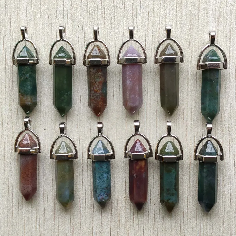 Fast Shipping Natural Stone Quartz Aventurine Lapis Crystal Hexagonal Pillar Pendants for Jewelry Accessories 12pcs Wholesale