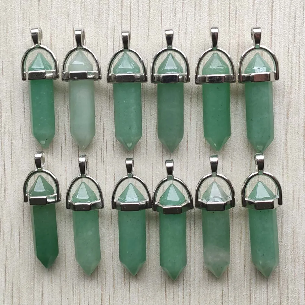 Fast Shipping Natural Stone Quartz Aventurine Lapis Crystal Hexagonal Pillar Pendants for Jewelry Accessories 12pcs Wholesale