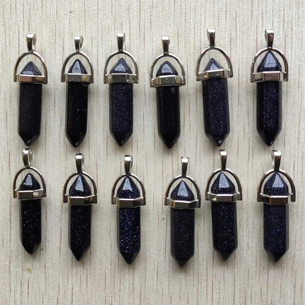 Fast Shipping Natural Stone Quartz Aventurine Lapis Crystal Hexagonal Pillar Pendants for Jewelry Accessories 12pcs Wholesale