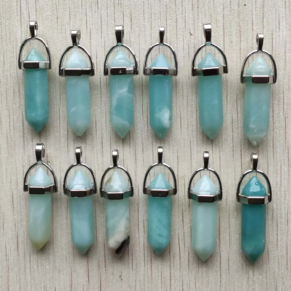 Fast Shipping Natural Stone Quartz Aventurine Lapis Crystal Hexagonal Pillar Pendants for Jewelry Accessories 12pcs Wholesale