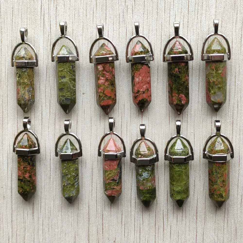 Fast Shipping Natural Stone Quartz Aventurine Lapis Crystal Hexagonal Pillar Pendants for Jewelry Accessories 12pcs Wholesale
