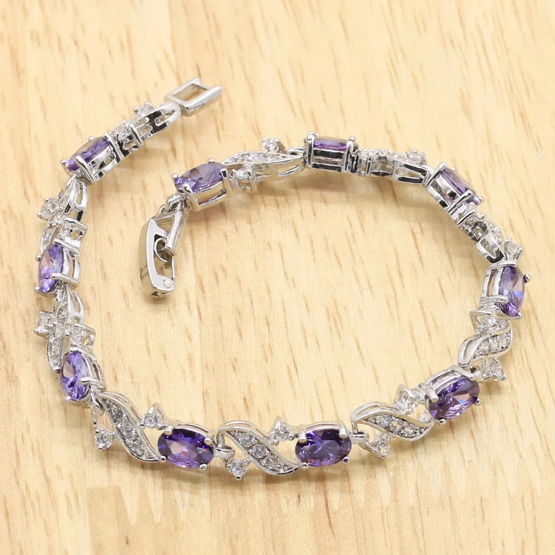 Purple Amethyst Dubai Silver 925 Bridal Jewelry Sets For Women Bracelet Hoop Earrings Necklace Pendant Rings Best Gift