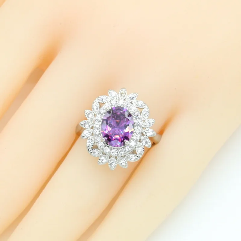 Purple Amethyst Dubai Silver 925 Bridal Jewelry Sets For Women Bracelet Hoop Earrings Necklace Pendant Rings Best Gift
