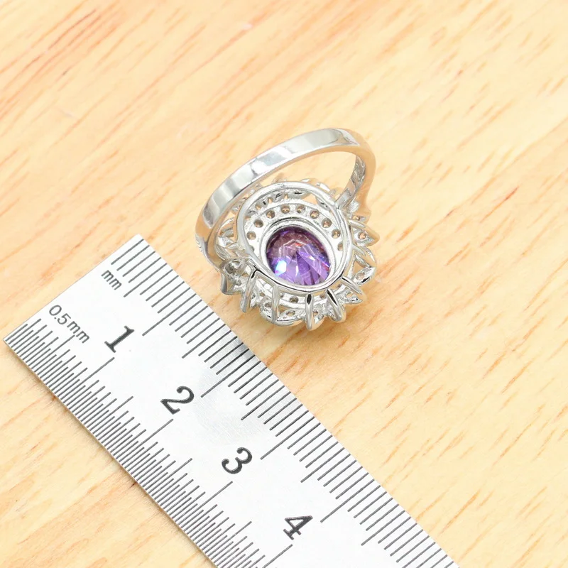 Purple Amethyst Dubai Silver 925 Bridal Jewelry Sets For Women Bracelet Hoop Earrings Necklace Pendant Rings Best Gift