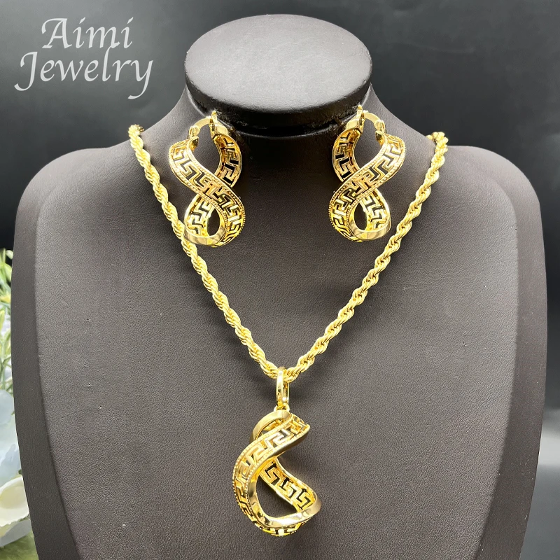 18K Gold Plated Jewelry Set for Women Special Rhombus Design Pendant and Earrings Wedding Anniversary Copper Jewelry Accessories