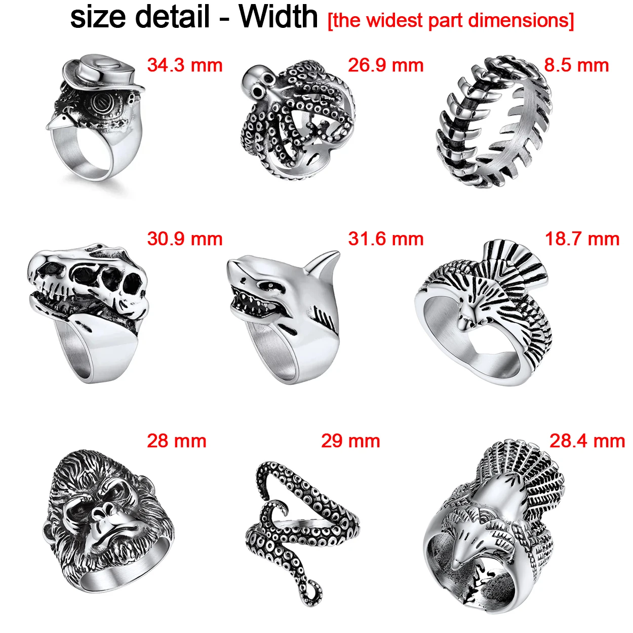 U7 Stainless Steel Big Rings for Man Bird Goat Octopus Shark Serpent Snake Bone Charm Size 7-14 Rock Punk Animal Skull Jewelry