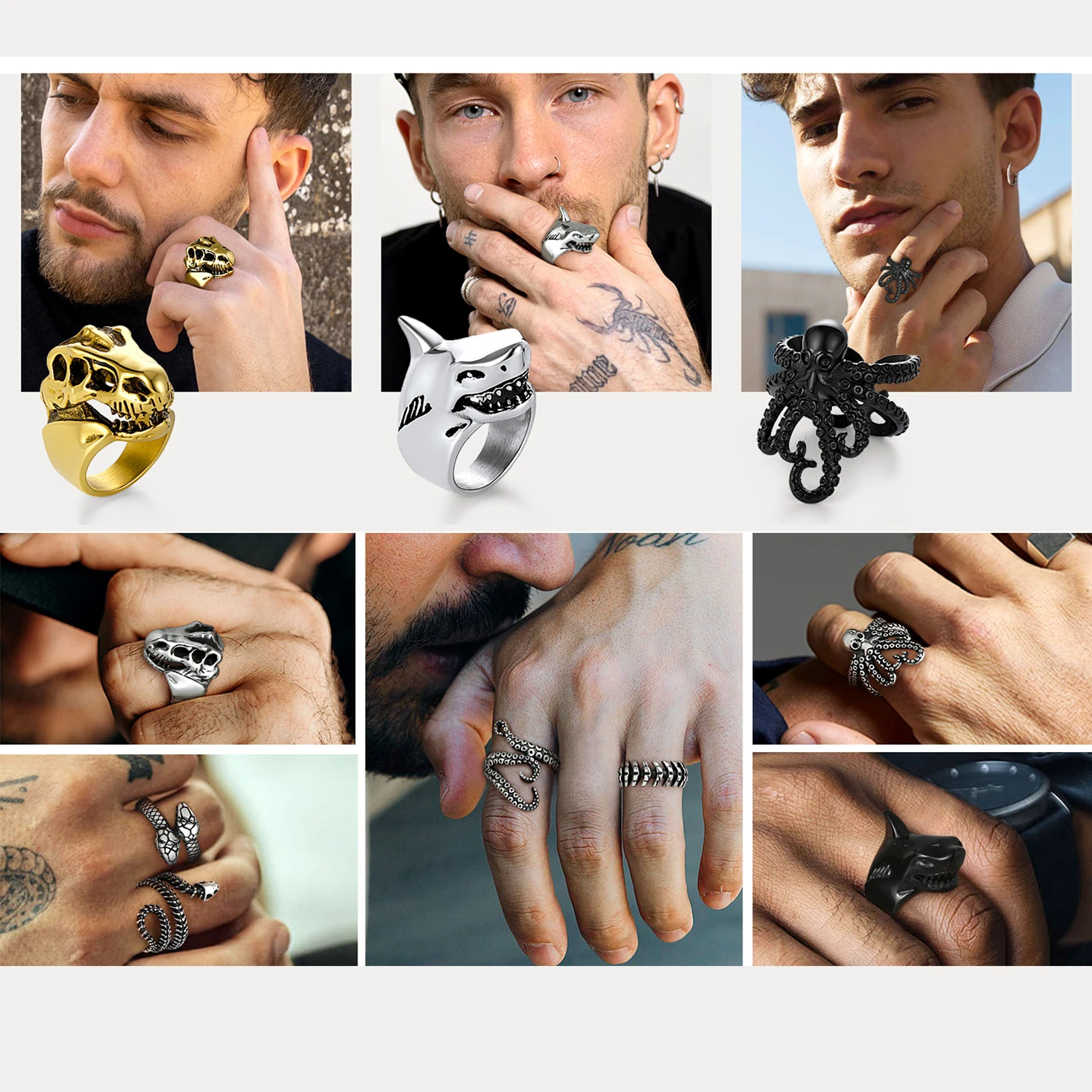 U7 Stainless Steel Big Rings for Man Bird Goat Octopus Shark Serpent Snake Bone Charm Size 7-14 Rock Punk Animal Skull Jewelry