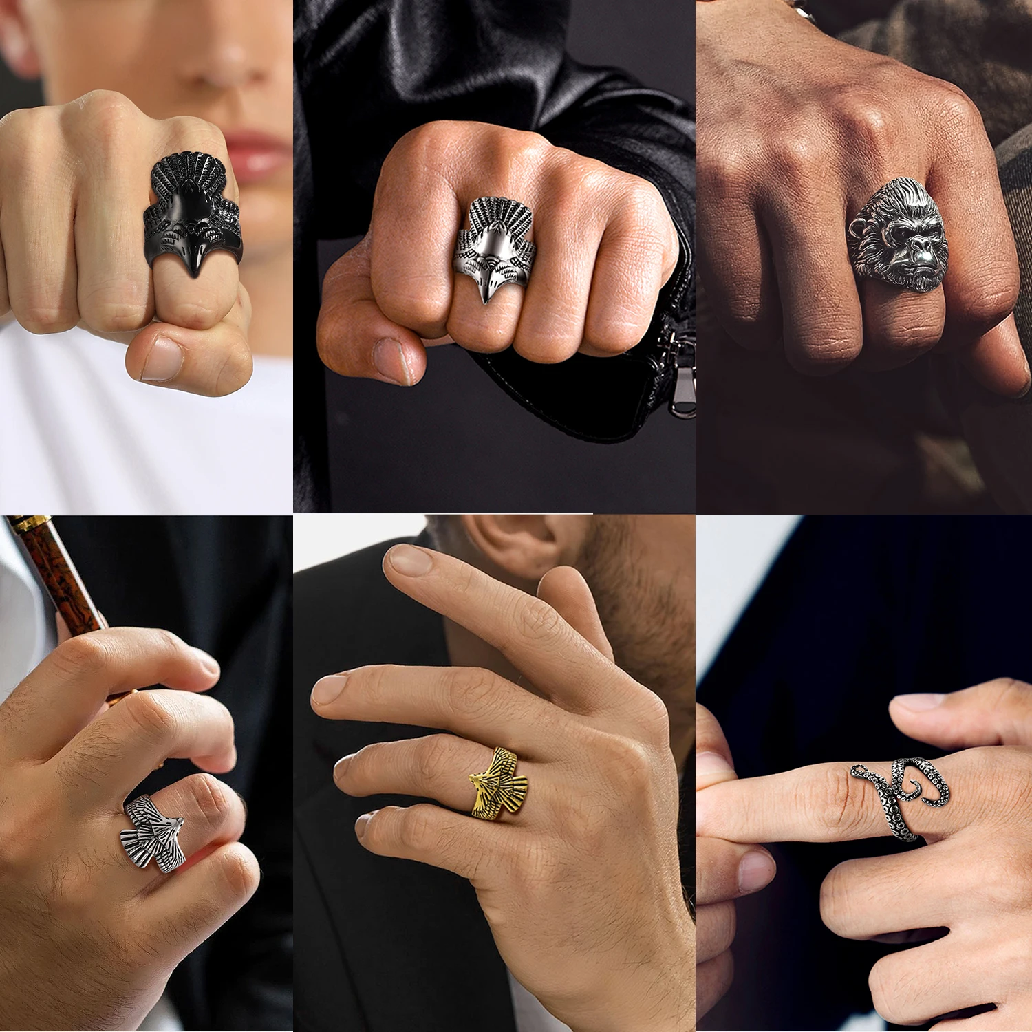 U7 Stainless Steel Big Rings for Man Bird Goat Octopus Shark Serpent Snake Bone Charm Size 7-14 Rock Punk Animal Skull Jewelry