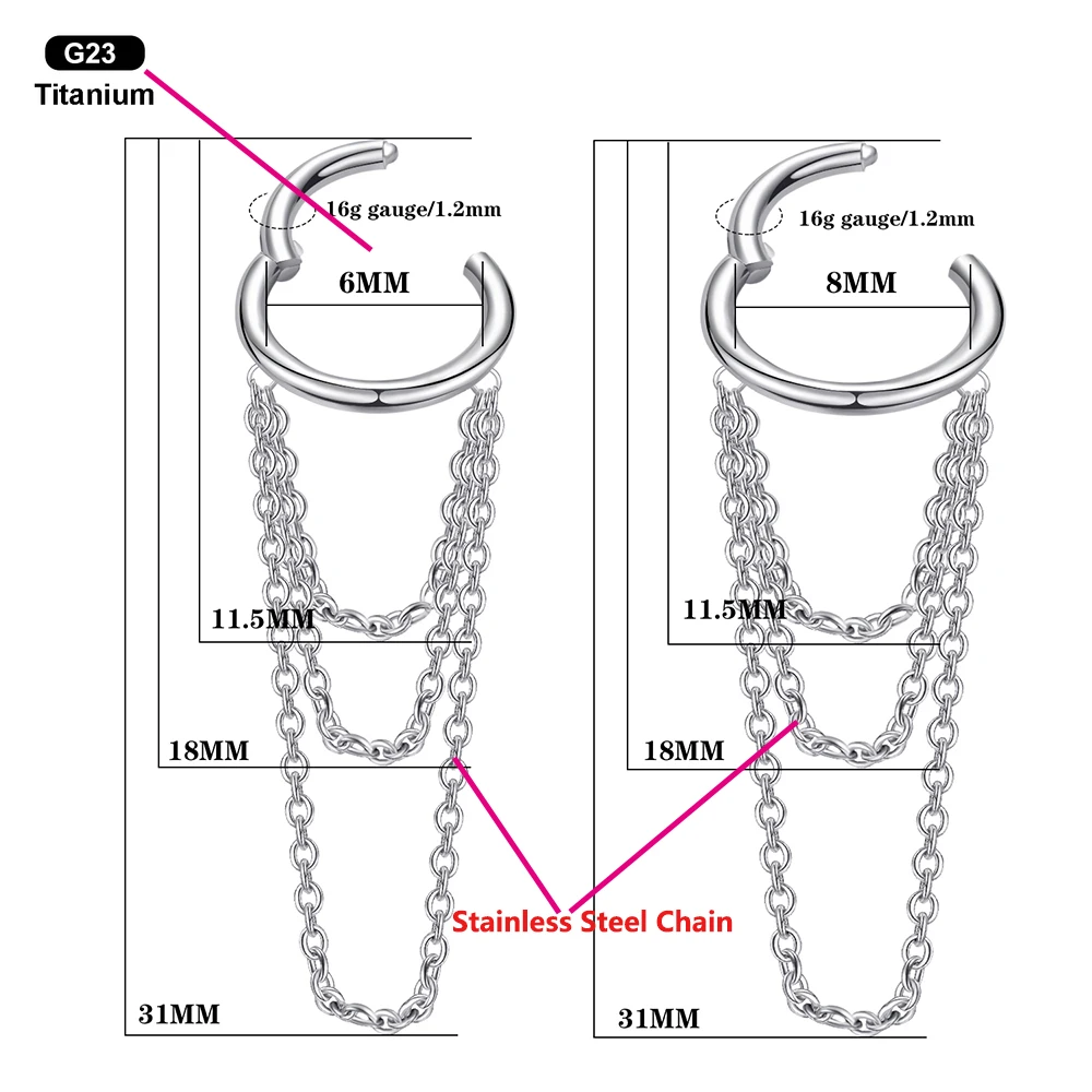VOJO G23 Titanium 16G Cartilage Helix Piercing Jewelry, Stainless Steel Chain Dangle Hoop Earrings for Women