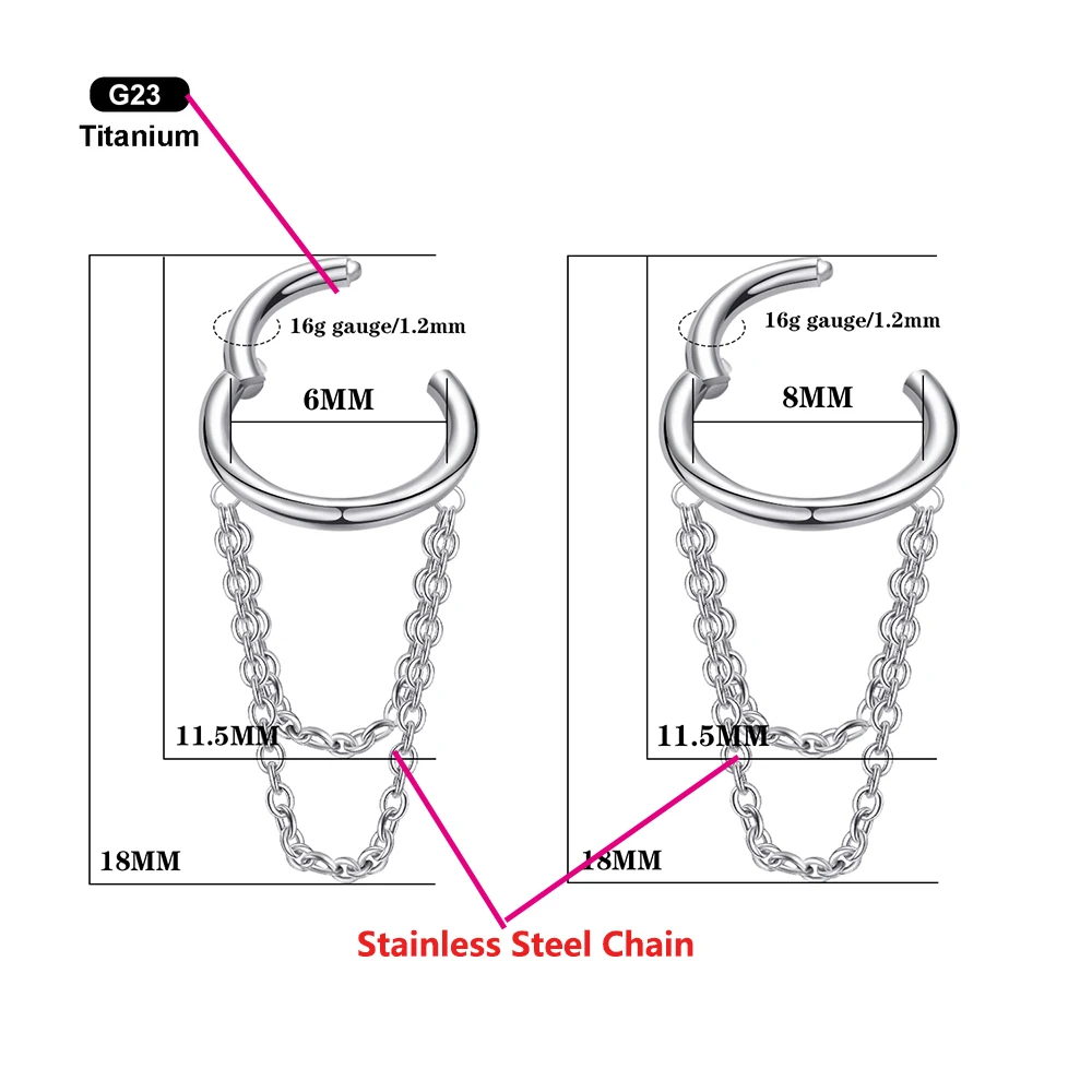 VOJO G23 Titanium 16G Cartilage Helix Piercing Jewelry, Stainless Steel Chain Dangle Hoop Earrings for Women