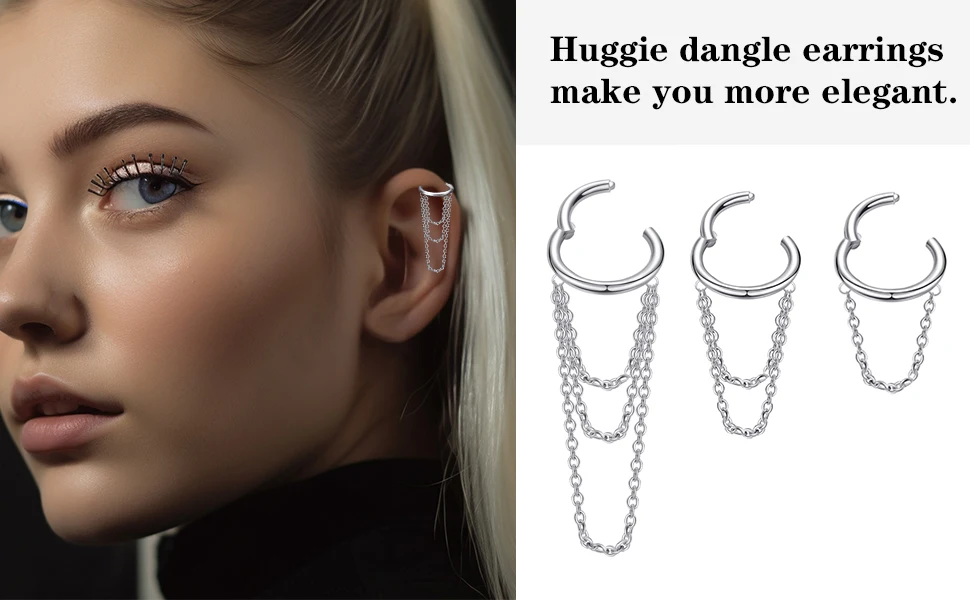 VOJO G23 Titanium 16G Cartilage Helix Piercing Jewelry, Stainless Steel Chain Dangle Hoop Earrings for Women