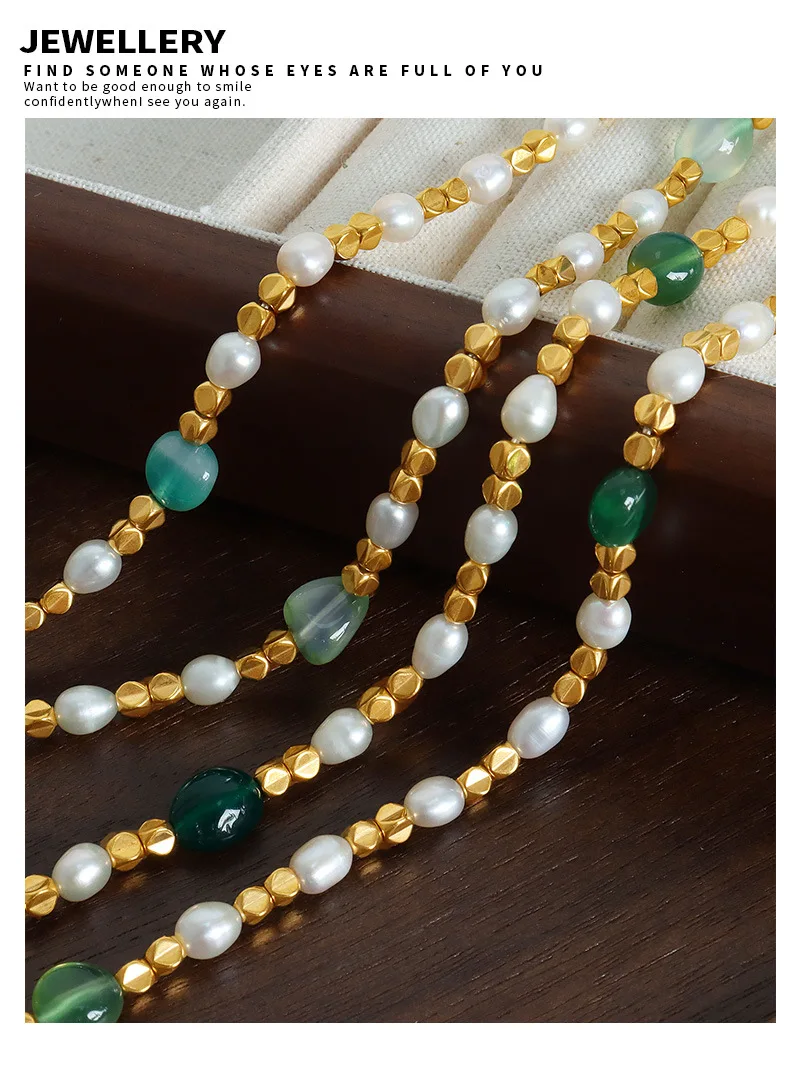 Marka Natural Freshwater Pearl Necklace Green Natural Stone Jewelry Accessories Gold Plated Beaded Chain Girl Gift Sale