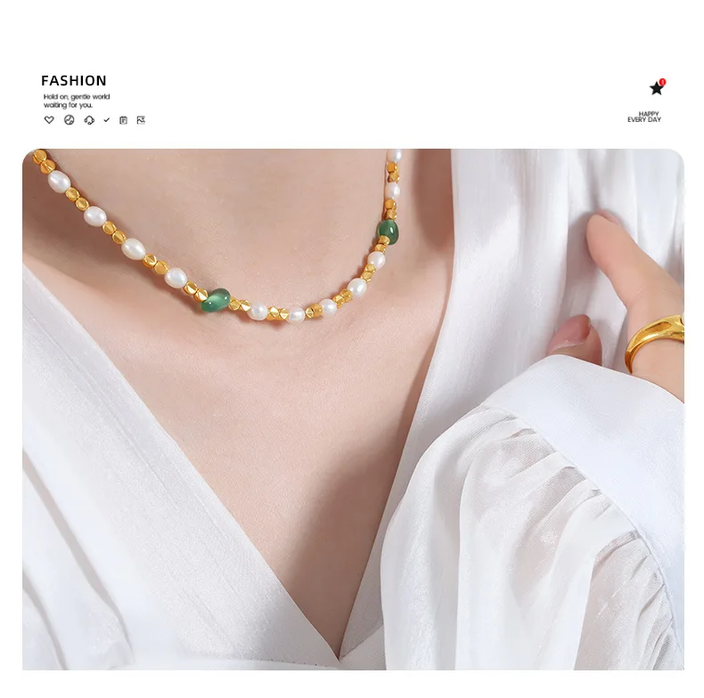 Marka Natural Freshwater Pearl Necklace Green Natural Stone Jewelry Accessories Gold Plated Beaded Chain Girl Gift Sale