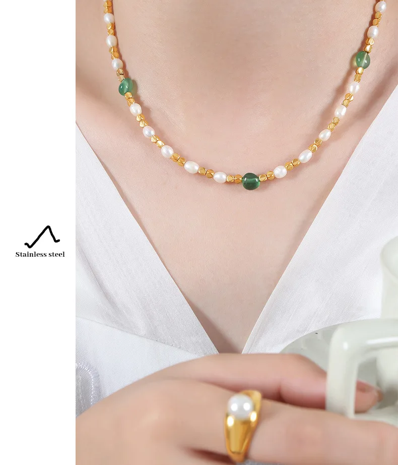 Marka Natural Freshwater Pearl Necklace Green Natural Stone Jewelry Accessories Gold Plated Beaded Chain Girl Gift Sale