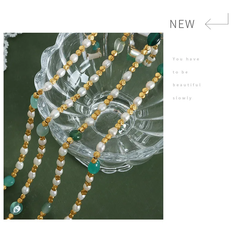 Marka Natural Freshwater Pearl Necklace Green Natural Stone Jewelry Accessories Gold Plated Beaded Chain Girl Gift Sale