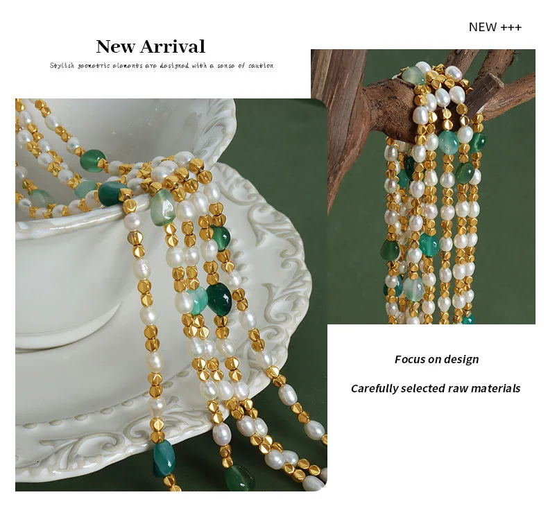 Marka Natural Freshwater Pearl Necklace Green Natural Stone Jewelry Accessories Gold Plated Beaded Chain Girl Gift Sale