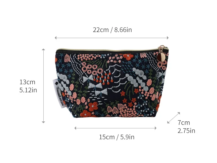 Floral Embroidered Makeup Bag Vacation Fabric Small Handbag Girls Travel Business Trip Portable Zipper Storage Bag