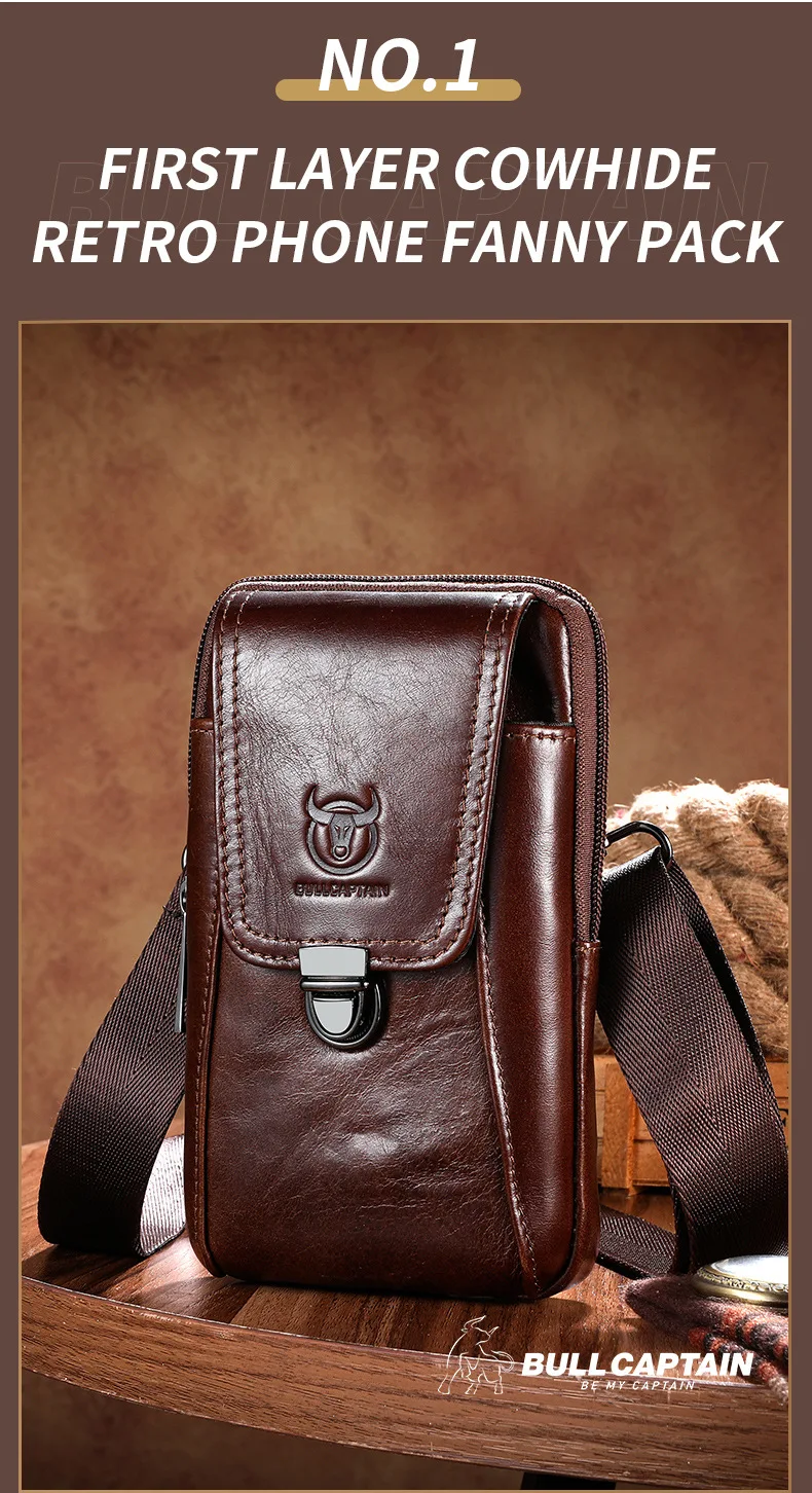 BULLCAPTAIN Genuine Leather Vintage Waist Packs Men Travel Fanny Pack Belt Bum Shoulder Bag Waist Bag Mobile Phone Pouch