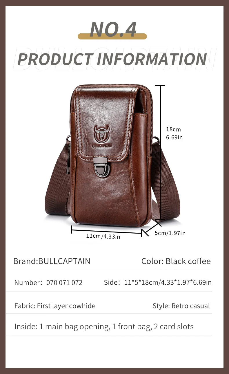 BULLCAPTAIN Genuine Leather Vintage Waist Packs Men Travel Fanny Pack Belt Bum Shoulder Bag Waist Bag Mobile Phone Pouch