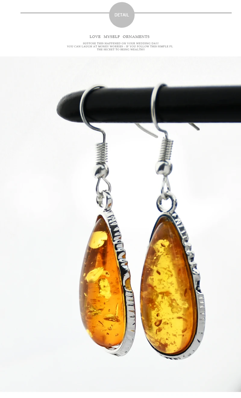 Yumfeel New Amber Pendant Necklace & Earrings Women Vintage Boho Vintage Jewelry Set