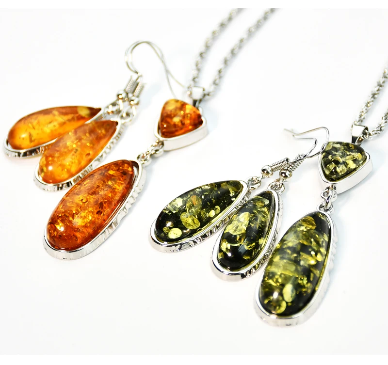 Yumfeel New Amber Pendant Necklace & Earrings Women Vintage Boho Vintage Jewelry Set
