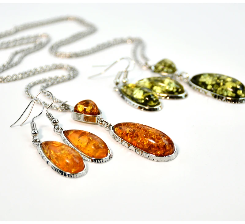 Yumfeel New Amber Pendant Necklace & Earrings Women Vintage Boho Vintage Jewelry Set