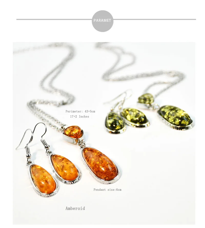 Yumfeel New Amber Pendant Necklace & Earrings Women Vintage Boho Vintage Jewelry Set