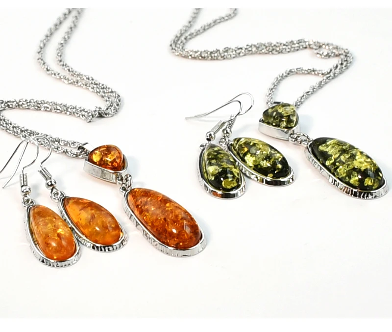 Yumfeel New Amber Pendant Necklace & Earrings Women Vintage Boho Vintage Jewelry Set