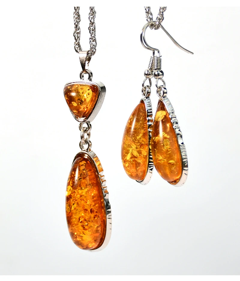 Yumfeel New Amber Pendant Necklace & Earrings Women Vintage Boho Vintage Jewelry Set