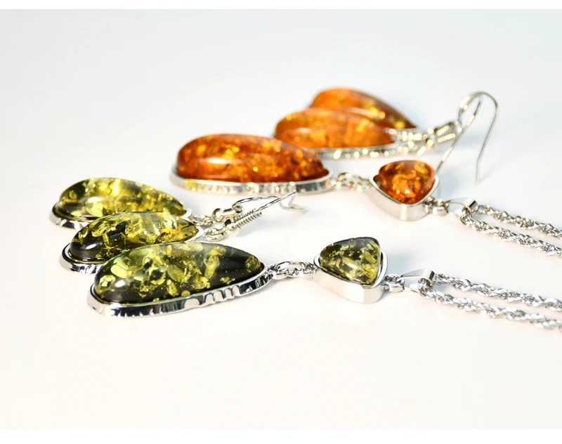 Yumfeel New Amber Pendant Necklace & Earrings Women Vintage Boho Vintage Jewelry Set