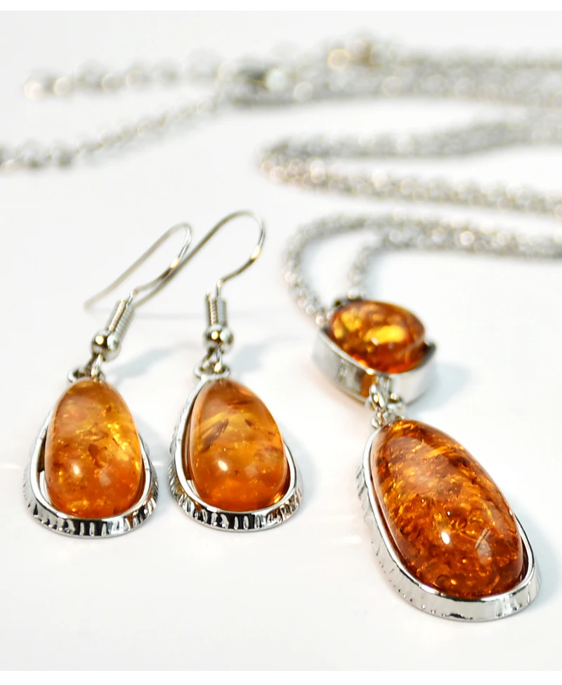 Yumfeel New Amber Pendant Necklace & Earrings Women Vintage Boho Vintage Jewelry Set
