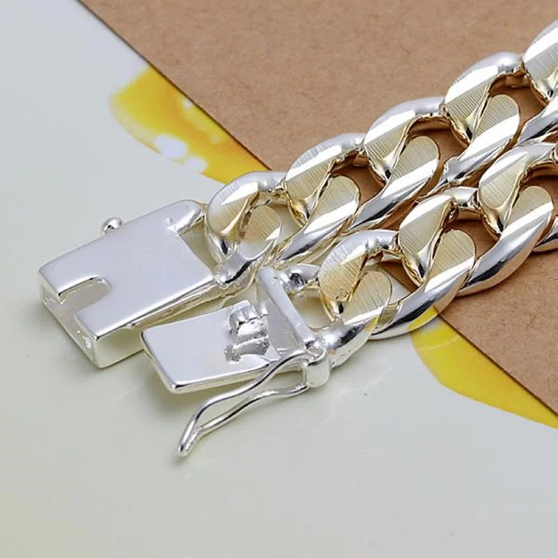 925 Sterling Silver Colorful 10 MM Sideways Cuban Chain Mens & Womens Wedding Bracelet Fashion Charm Birthday Gift