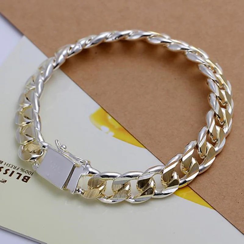 925 Sterling Silver Colorful 10 MM Sideways Cuban Chain Mens & Womens Wedding Bracelet Fashion Charm Birthday Gift