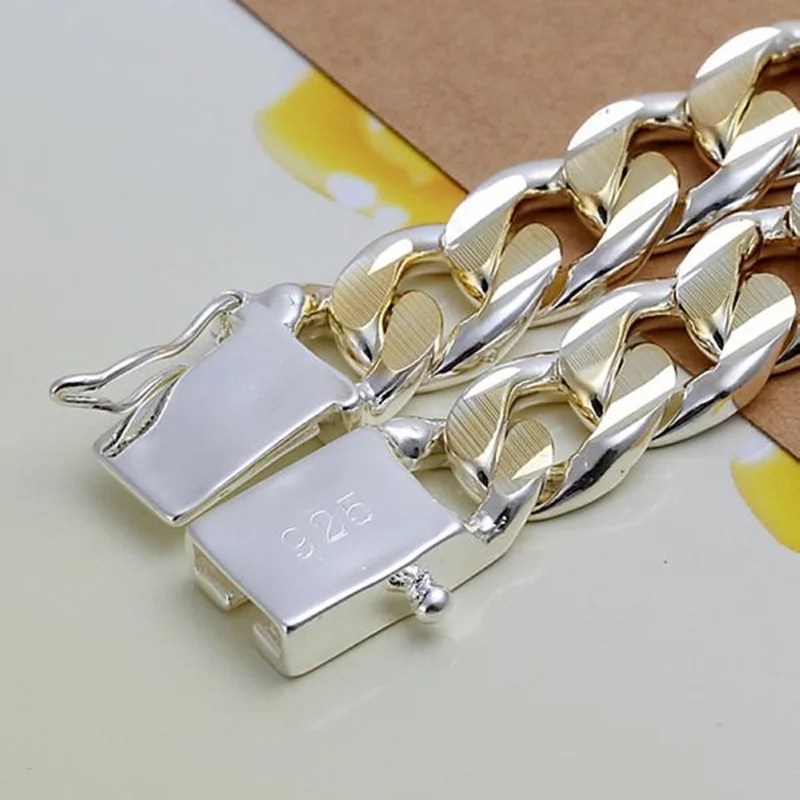 925 Sterling Silver Colorful 10 MM Sideways Cuban Chain Mens & Womens Wedding Bracelet Fashion Charm Birthday Gift