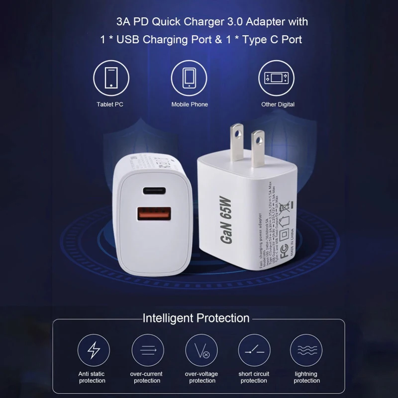 UK/AU/EU/US USB C Charger 65W PD 3.0 GaN Charger Type C Power Adapter With 2-Port Fast Wall Charger Compatible for iPhone 13 USB