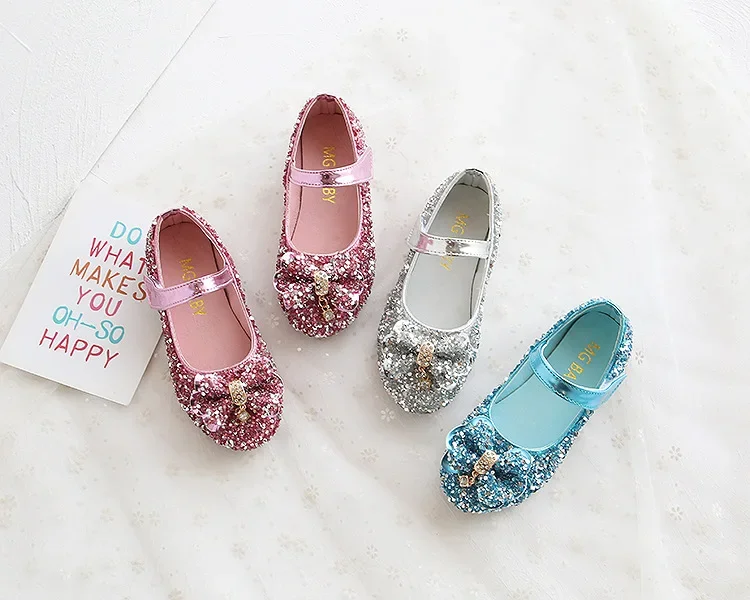 Fashion Girls Shoes Kids Flats Shoes Sequins Rhinestone Princess With Butterfly-Knot Flats Shoes For Students New Autumn 2022
