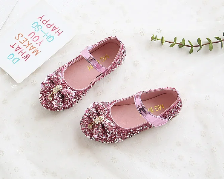 Fashion Girls Shoes Kids Flats Shoes Sequins Rhinestone Princess With Butterfly-Knot Flats Shoes For Students New Autumn 2022