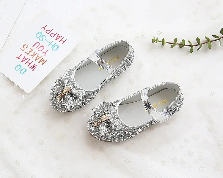 Fashion Girls Shoes Kids Flats Shoes Sequins Rhinestone Princess With Butterfly-Knot Flats Shoes For Students New Autumn 2022