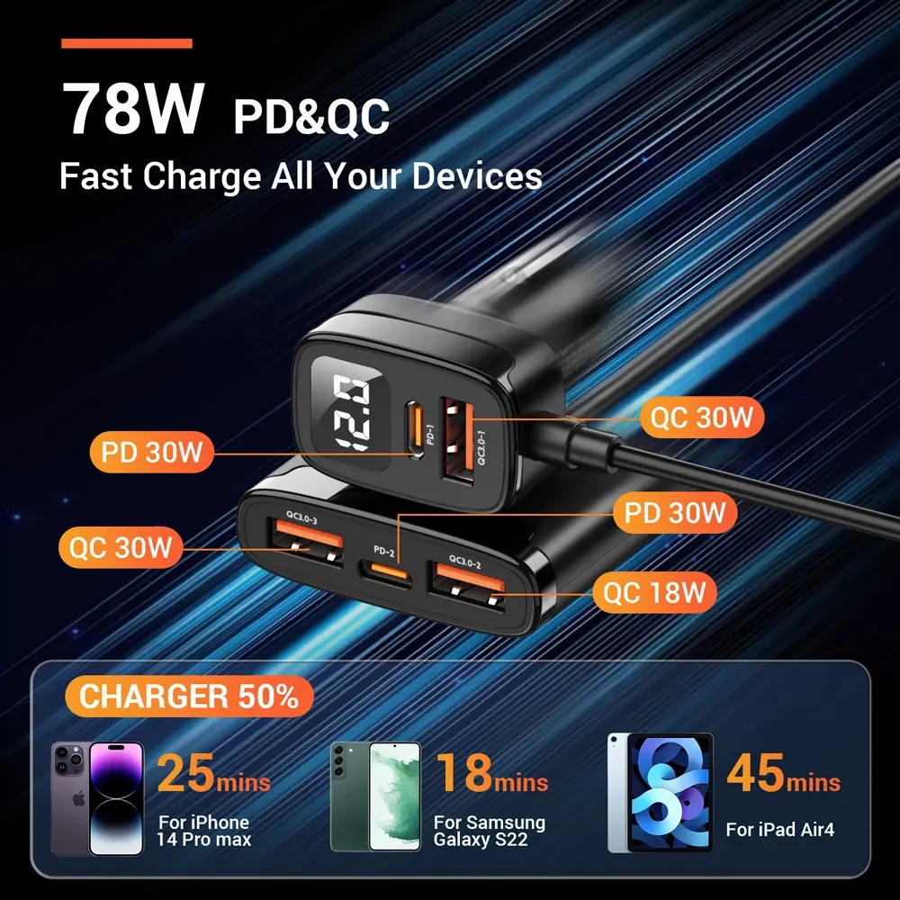 ASOMETECH 78W USB Car Charger 5 Ports QC3.0 PD3.0 SCP USB Type C Quick Charger For iPhone Samsung Tablet Xiaomi Car USB Charger