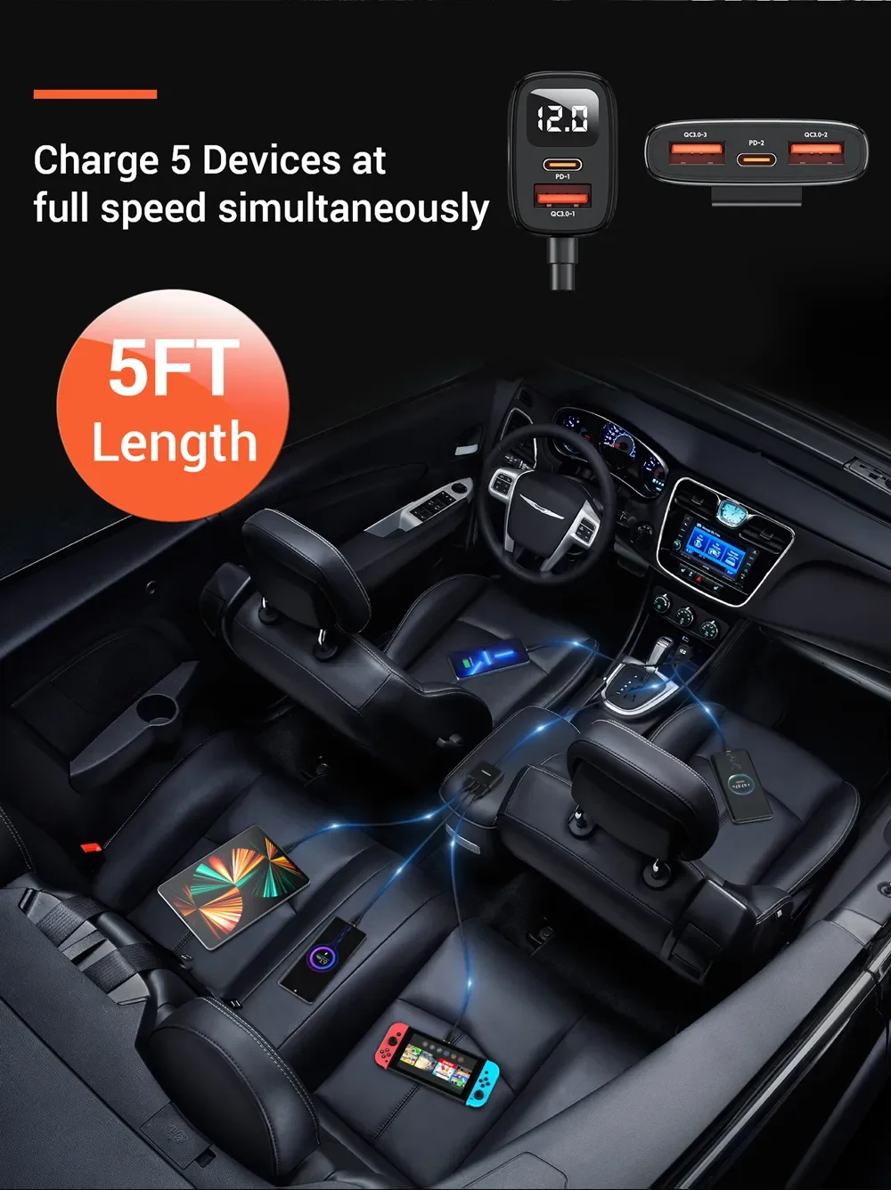 ASOMETECH 78W USB Car Charger 5 Ports QC3.0 PD3.0 SCP USB Type C Quick Charger For iPhone Samsung Tablet Xiaomi Car USB Charger
