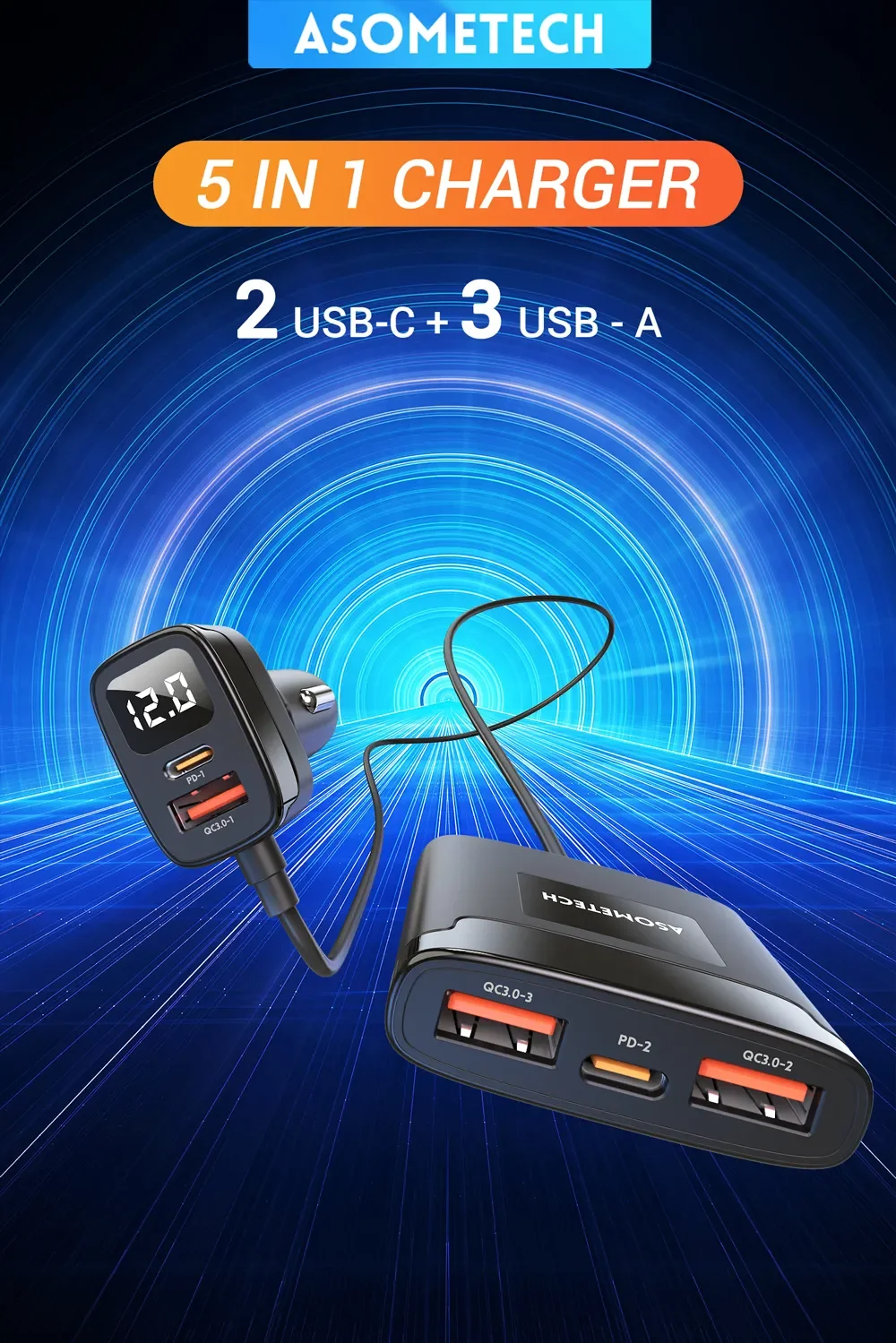 ASOMETECH 78W USB Car Charger 5 Ports QC3.0 PD3.0 SCP USB Type C Quick Charger For iPhone Samsung Tablet Xiaomi Car USB Charger