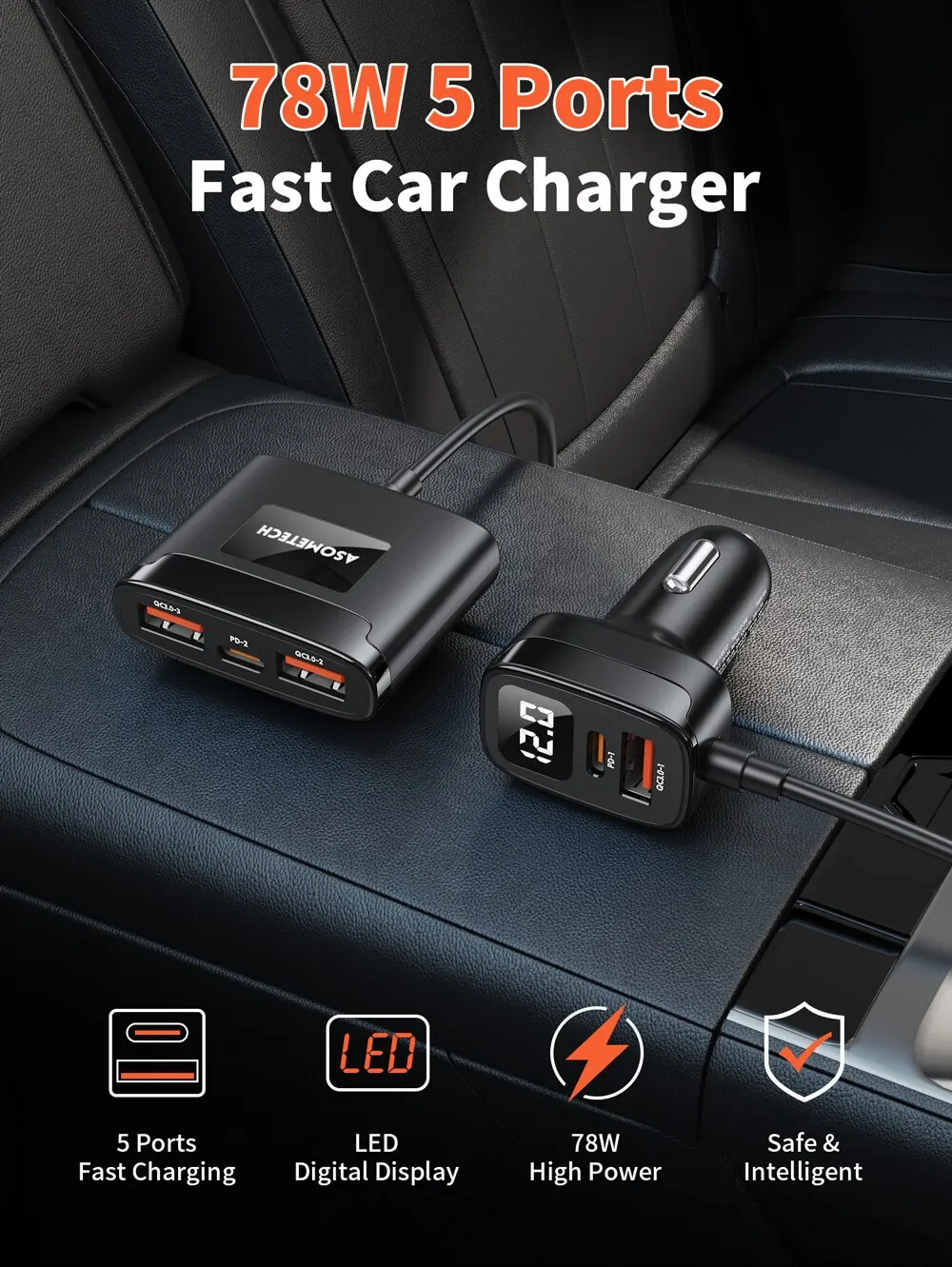 ASOMETECH 78W USB Car Charger 5 Ports QC3.0 PD3.0 SCP USB Type C Quick Charger For iPhone Samsung Tablet Xiaomi Car USB Charger