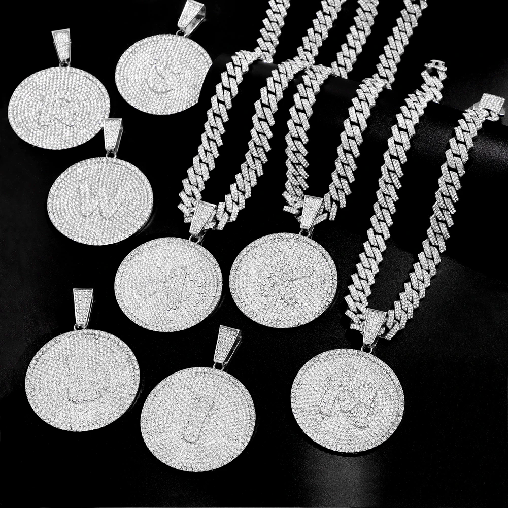 Iced Out 14MM Prong Cuban Chain Letters Necklace For Women Bling Round Initials Name Necklaces Hiphop Chain Couple Gifts Jewelry